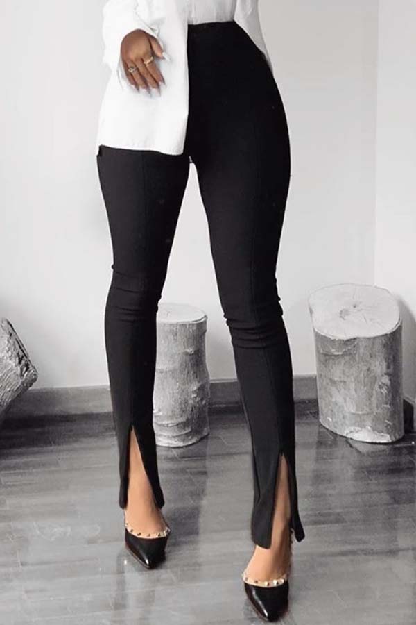 

Lovely Casual Skinny Front Slit Black Pants