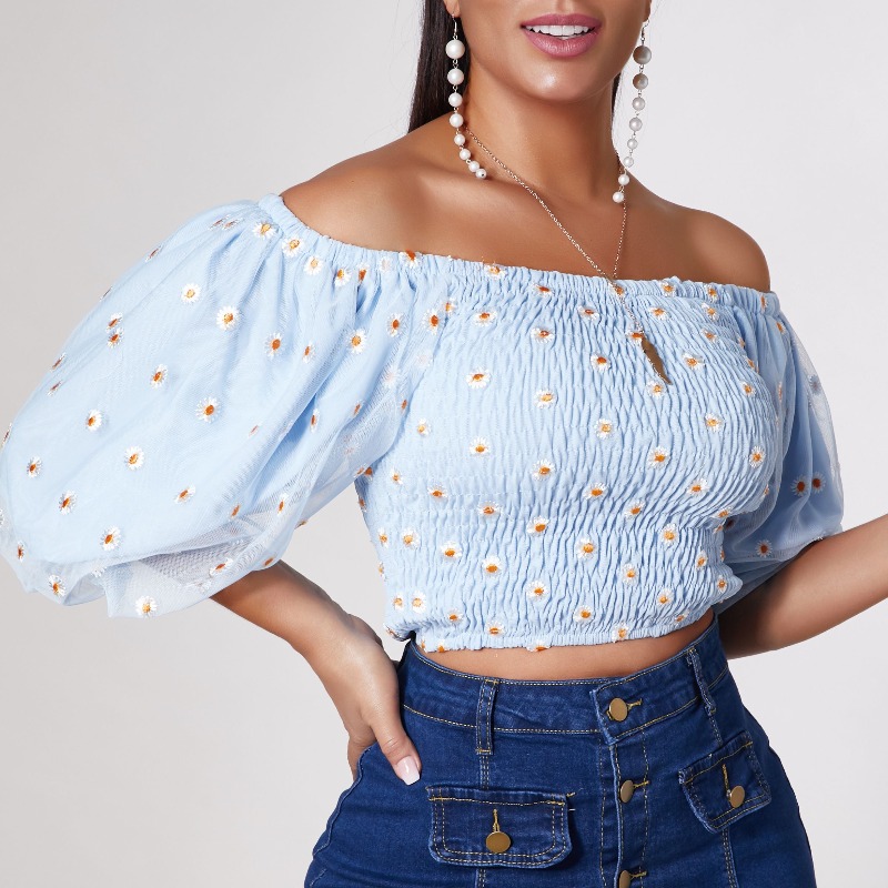 

Lovely Stylish Floral Print Skyblue Blouse