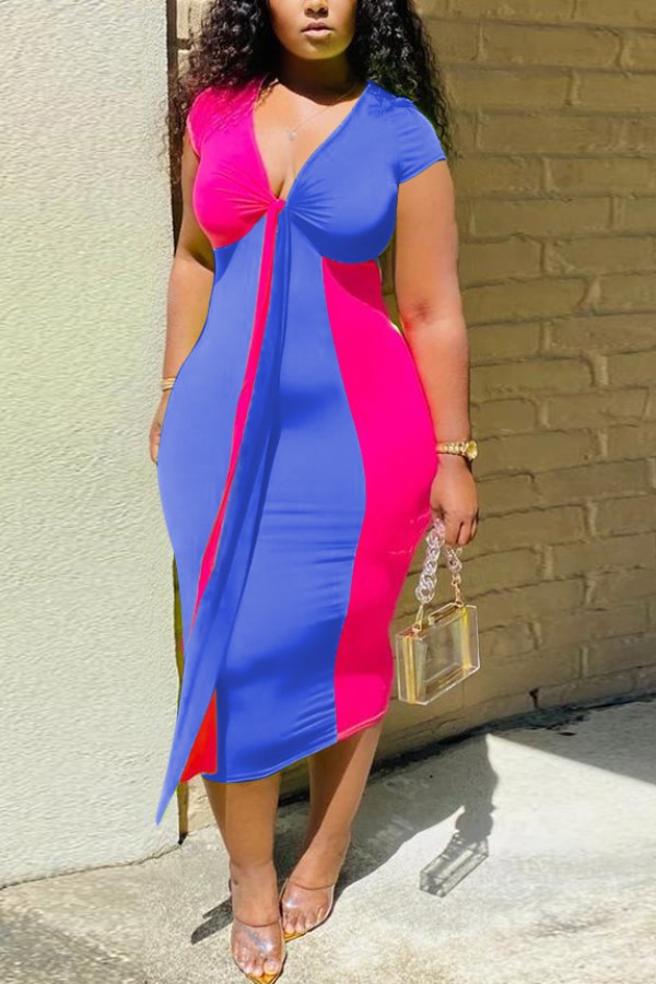 

Lovely Casual Patchwork Blue Mid Calf Plus Size Dress