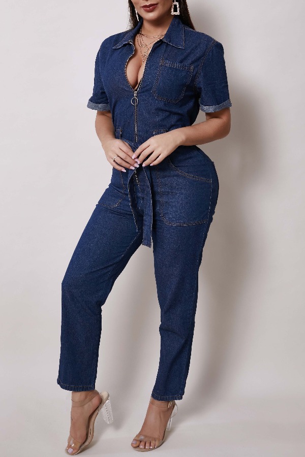 

Lovely Trendy Zipper Design Blue One-piece Jumpsuit