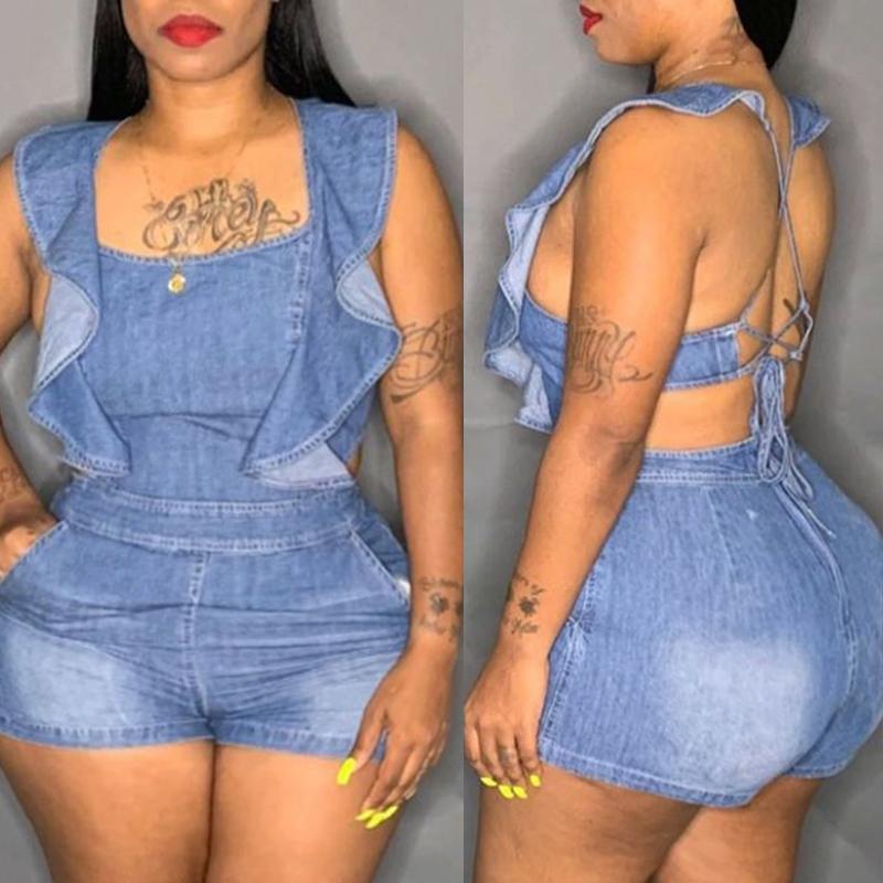 

Lovely Sweet Hollow-out Blue Plus Size One-piece Romper
