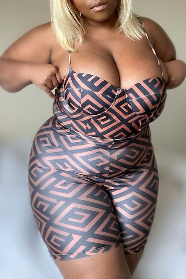 

Lovely Sexy Print Brown Plus Size Two-piece Shorts Set