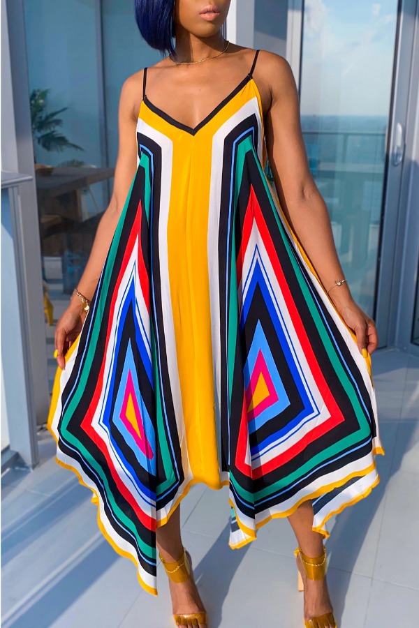 

Lovely Bohemian Asymmetrical Striped Multicolor Ankle Length Dress, Multicolor mstn