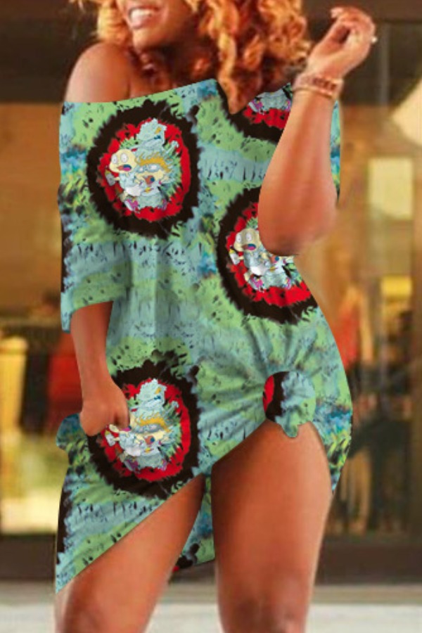 

Lovely Casual O Neck Print Green Knee Length Dress