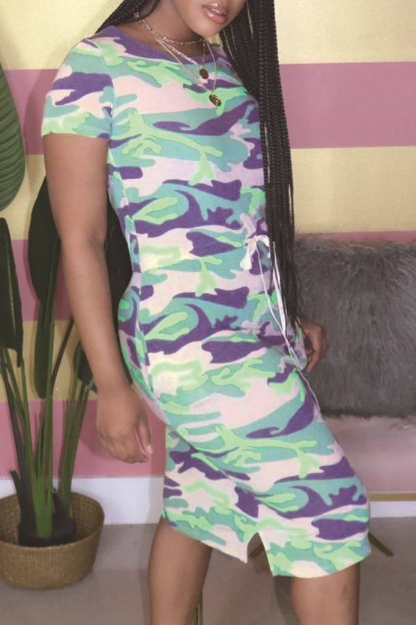 

Lovely Leisure O Neck Print Blue Knee Length Dress