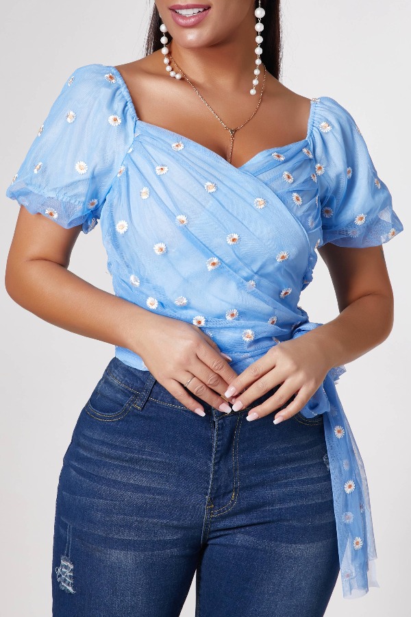 

Lovely Trendy Floral Print Acid Blue Blouse