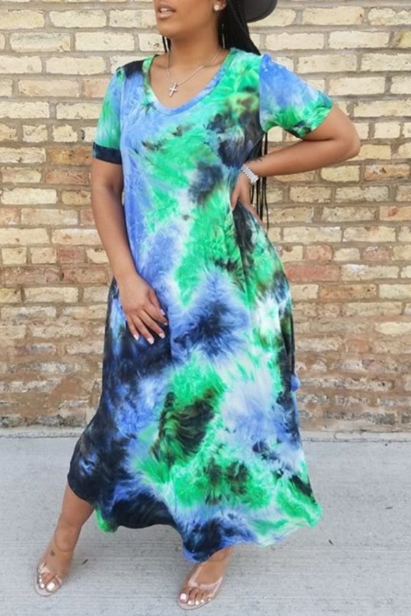 

Lovely Casual Tie-dye Blue Ankle Length Dress