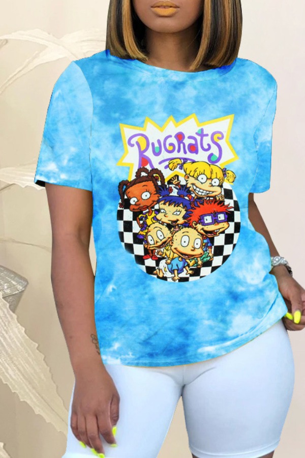 

Lovely Street O Neck Cartoon Print Blue T-shirt