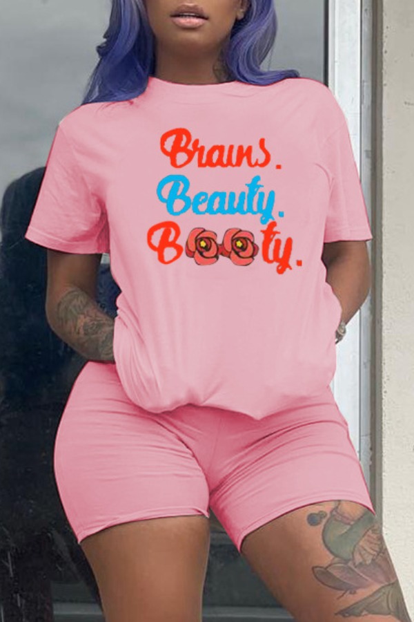

Lovely Casual Letter Print Light Pink Two-piece Shorts Set