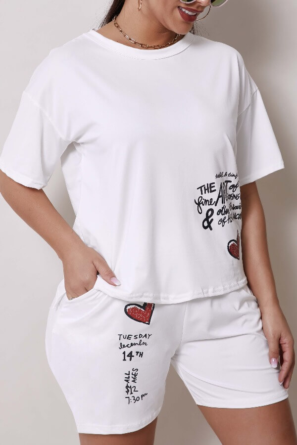 

Lovely Leisure O Neck Letter Print White Two-piece Shorts Set