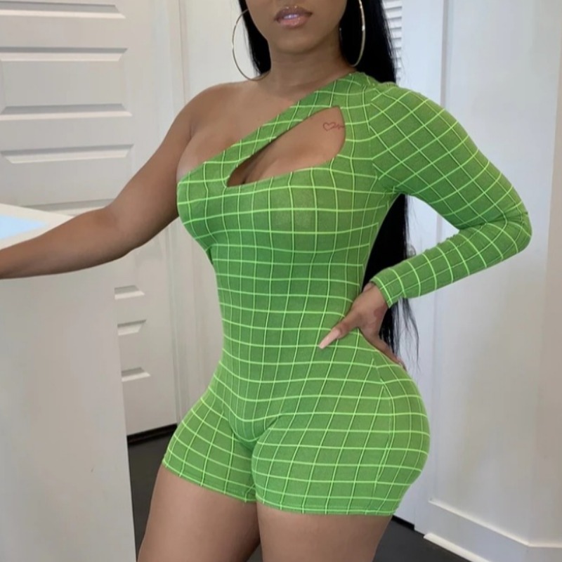 

Lovely Trendy One Shoulder Grid Green One-piece Romper