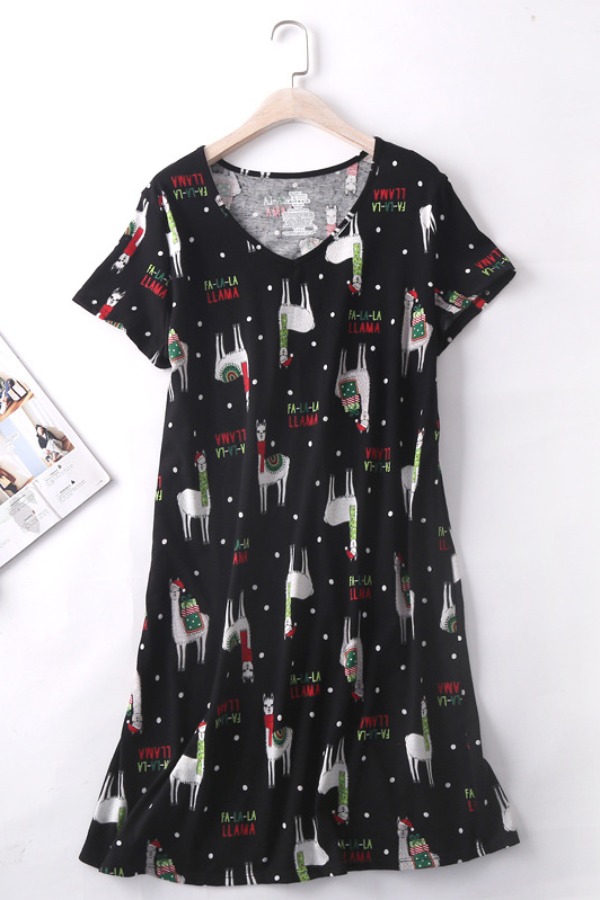 

Lovely Casual O Neck Print Black Sleepwear