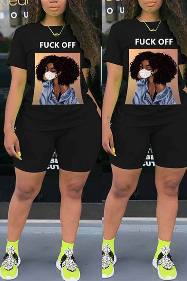 

Lovely Leisure Print Carbon Black Plus Size Two-piece Shorts Set