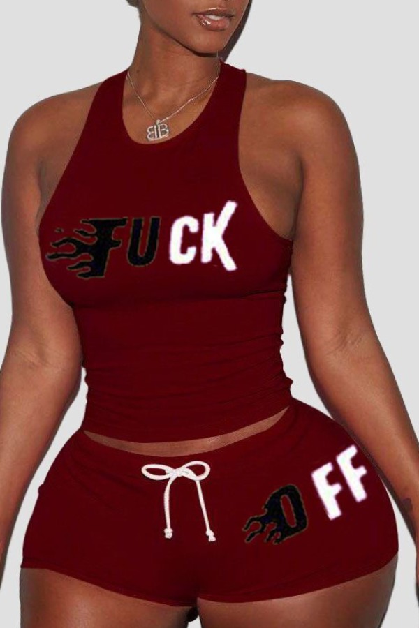 

Lovely Sportswear Letter Red Plus Size Two-piece Shorts Set