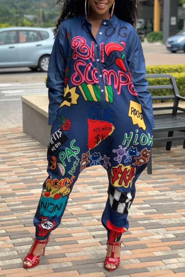 

Lovely Trendy Letter Print Blue One-piece Jumpsuit