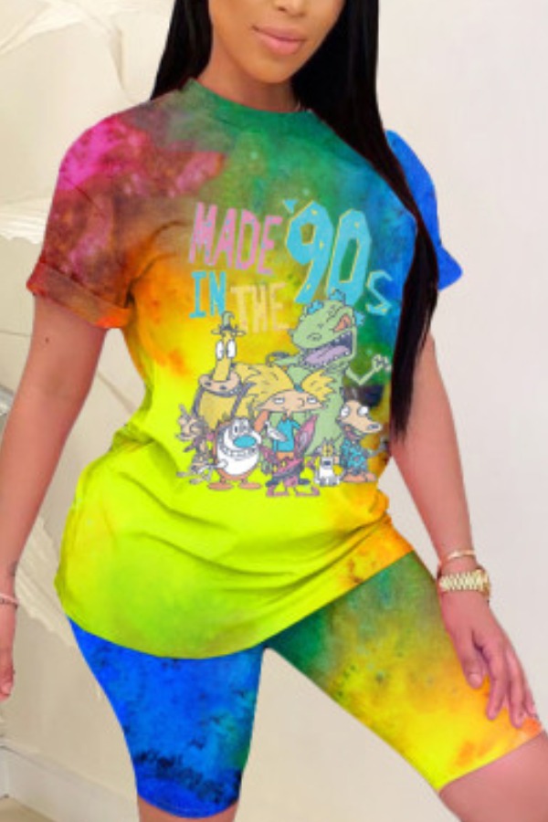 

Lovely Casual O Neck Cartoon Print Yellow Two-piece Shorts Set