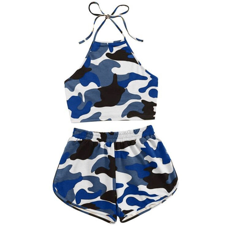 

Lovely Sportswear Camo Print Blue Two-piece Shorts Set, Blue camouflage