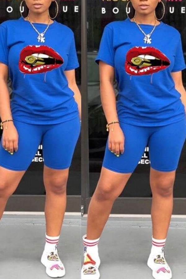 Lovely Leisure Lip Print Blue Two-piece Shorts Set