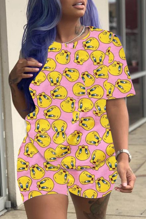 

Lovely Casual Cartoon Print Light Pink Two-piece Shorts Set