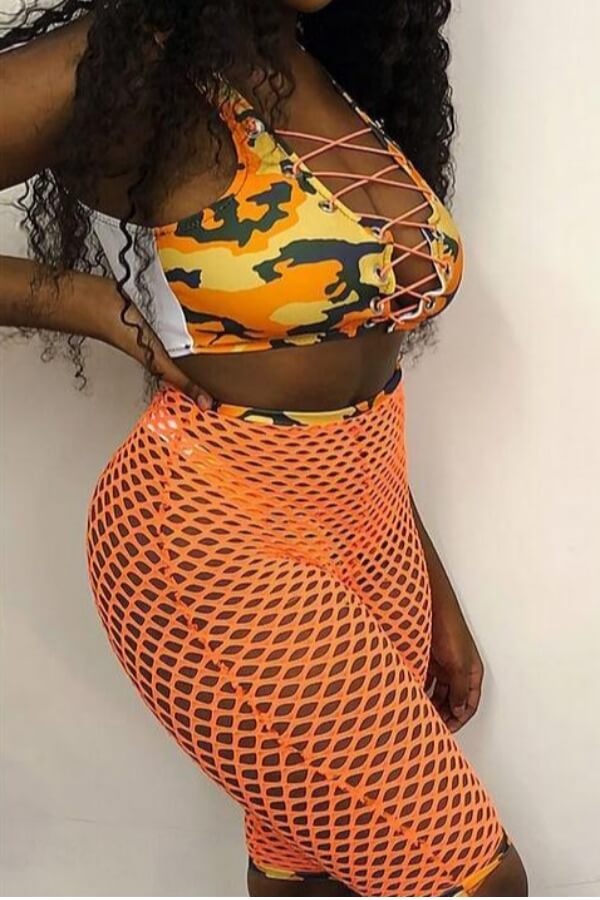 

Lovely Print Rose Yellow Two-piece Swimsuit(Three-piece)