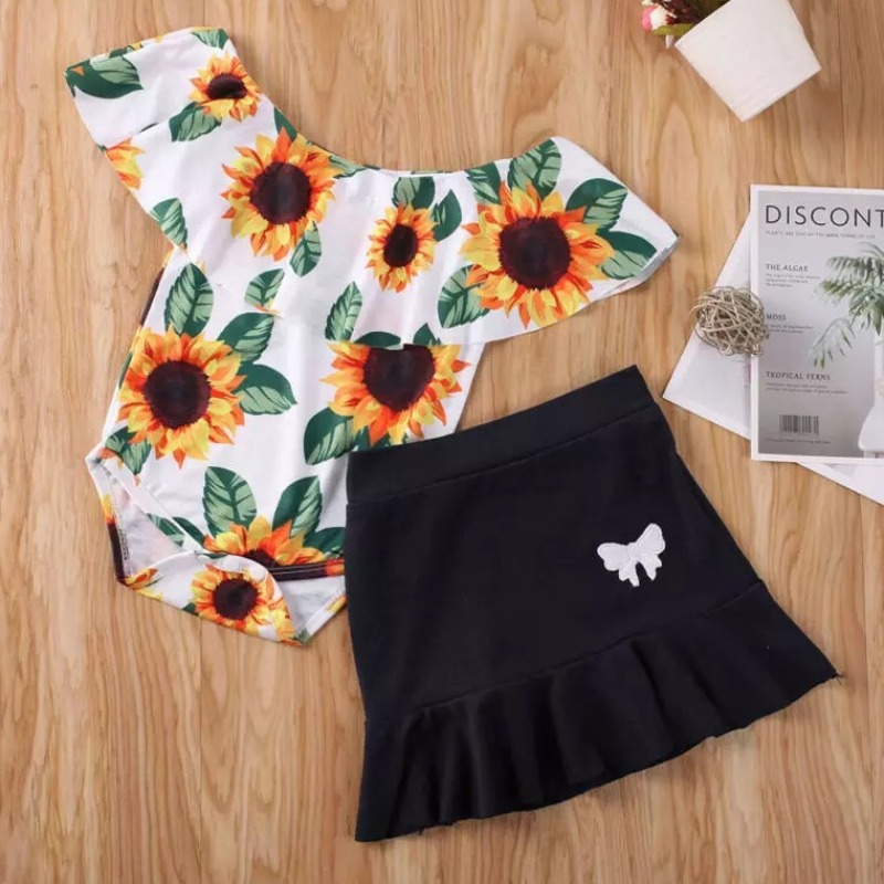 

Lovely Stylish Print Yellow Girl Two-piece Skirt Set