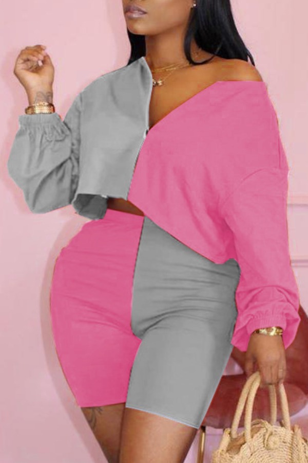 

Lovely Plus Size Casual Patchwork Pink Two-piece Shorts Set