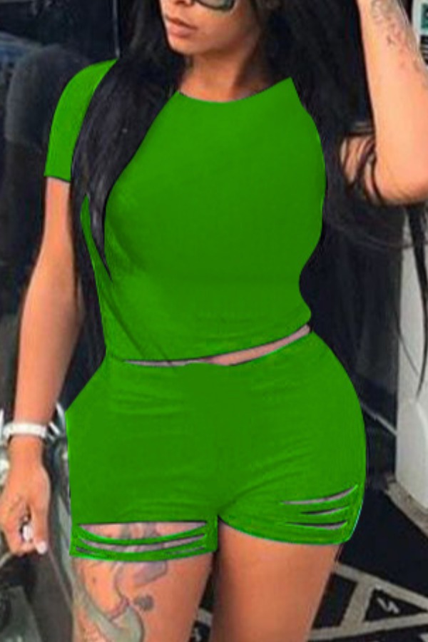 

Lovely Trendy Hollow-out Grass Green Plus Size Two-piece Shorts Set