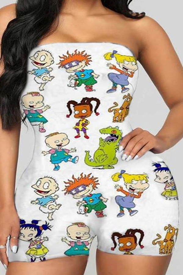 

Lovely Leisure Cartoon Print White Plus Size One-piece Romper