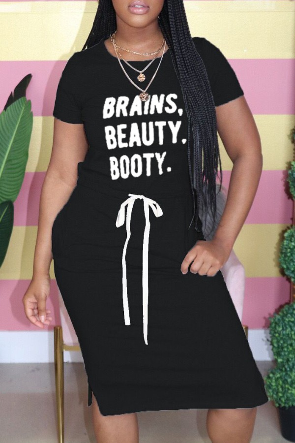 

Lovely Casual Letter Black Knee Length Dress