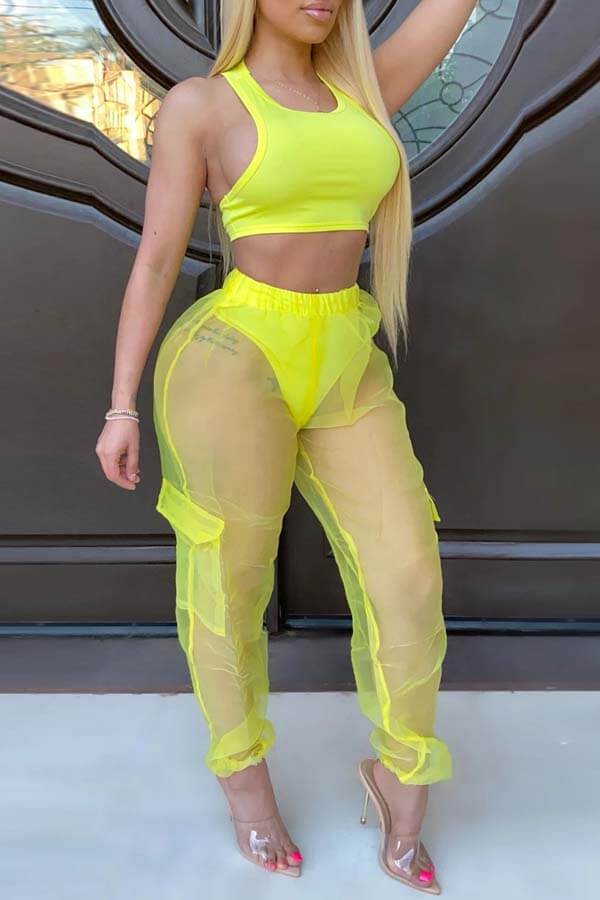 

Lovely Trendy See-through Yellow Two-piece Pants Set