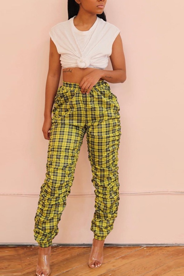 

Lovely Casual Grid Yellow Two-piece Pants Set