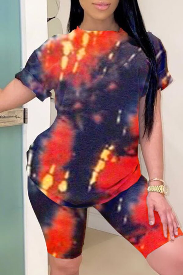 

Lovely Casual Tie-dye Red Two-piece Shorts Set