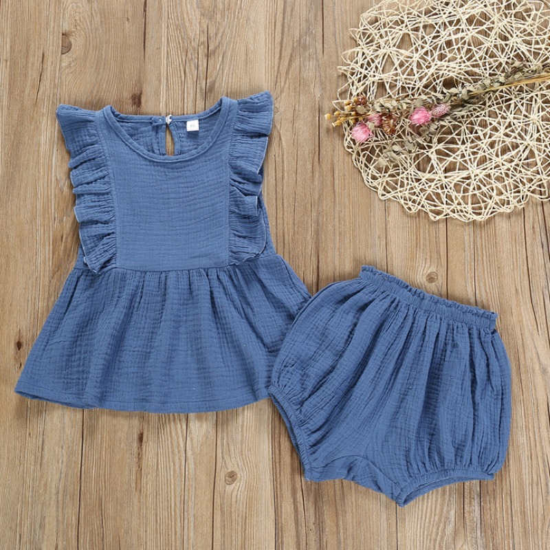

Lovely Sweet Flounce Design Blue Girl Two-piece Shorts Set