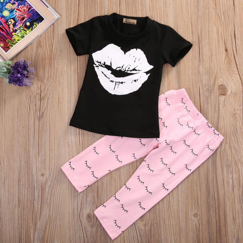 Lovely Casual Lip Print Black Girl Two-piece Pants Set