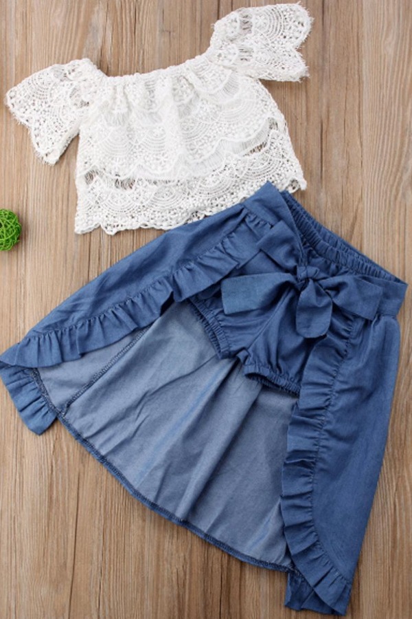 

Lovely Sweet Lace Hem Blue Girl Two-piece Shorts Set