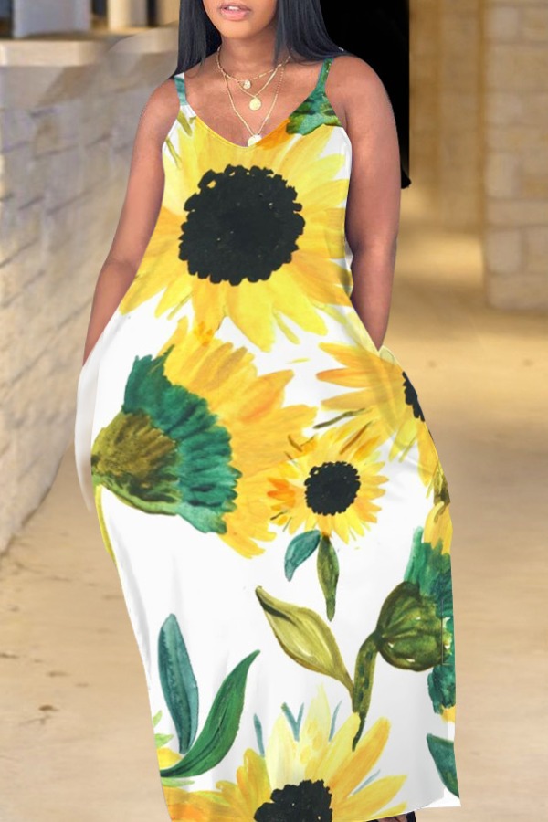 

Lovely Bohemian V Neck Sunflower Print Yellow Maxi Plus Size Dress