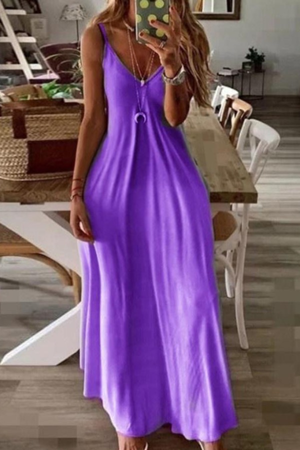 

Lovely Trendy V Neck Loose Purple Ankle Length Plus Size Dress