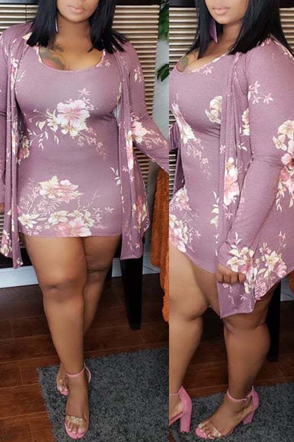 

Lovely Casual Print Purple Plus Size Two-piece Skirt Set
