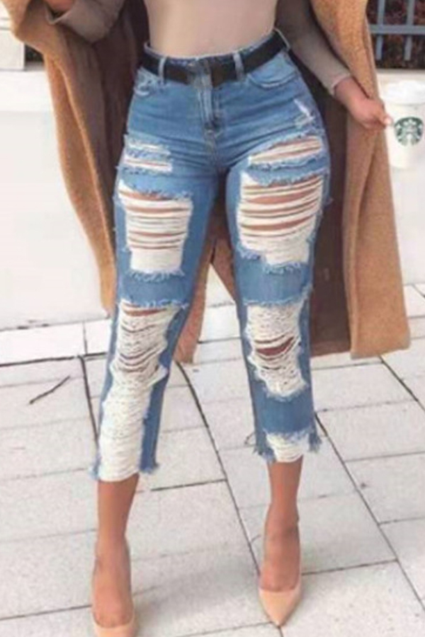 

Lovely Trendy Broken Holes Blue Jeans