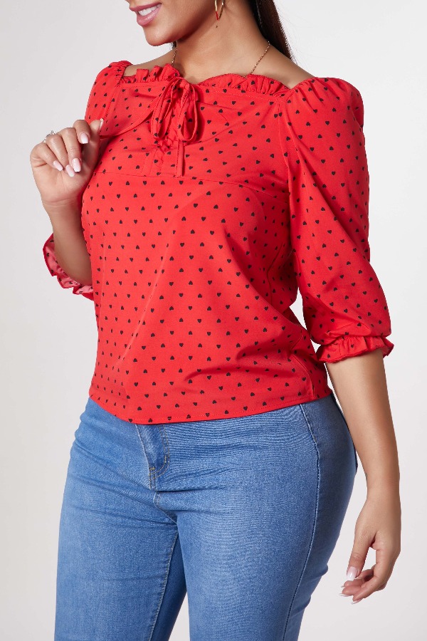 

Lovely Casual Dot Print Red Blouse