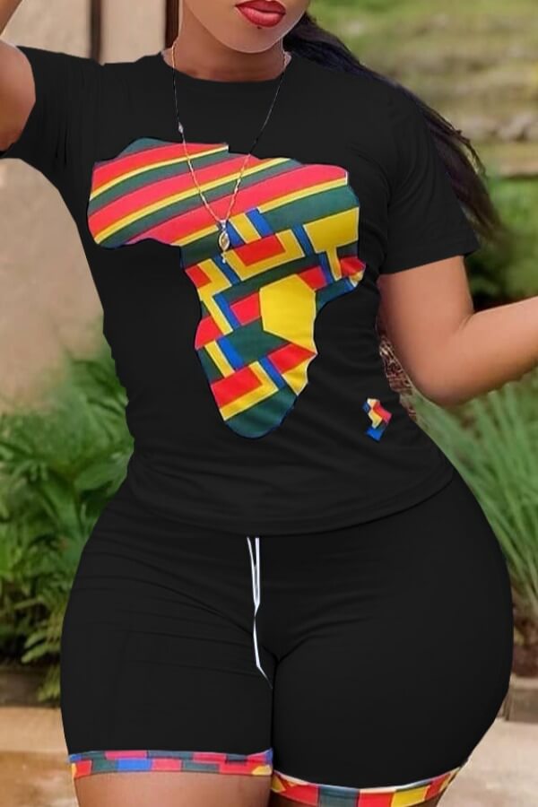 LW Casual O Neck Print Black Two-piece Shorts Set