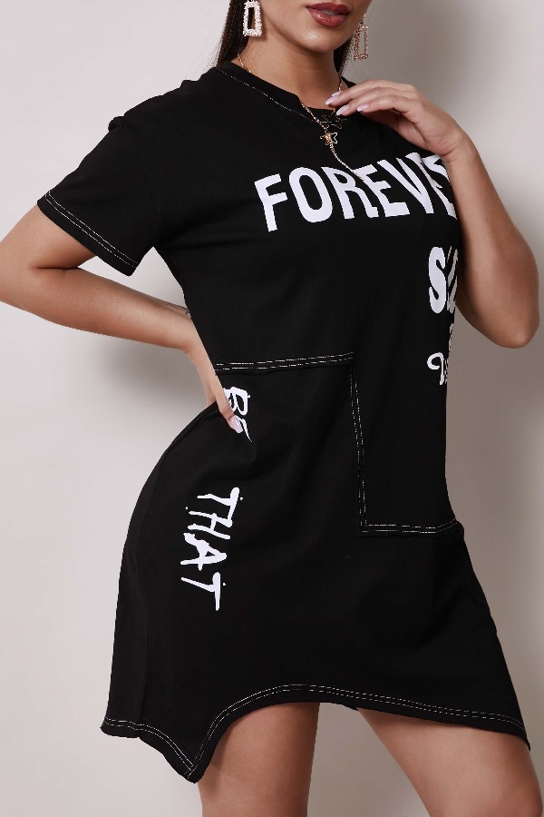 

Lovely Casual Letter Asymmetrical Black Mini Dress