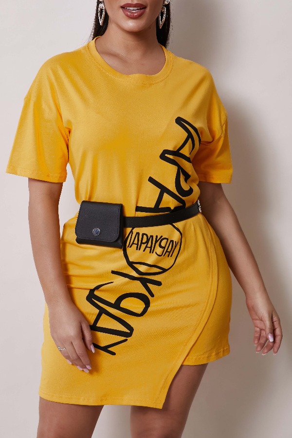 

Lovely Casual Letter Asymmetrical Yellow Mini Dress