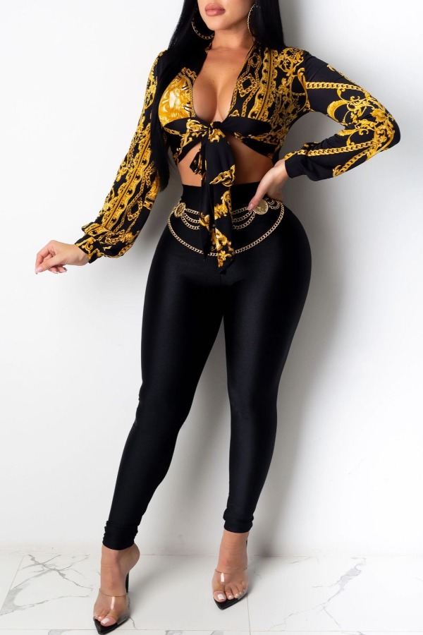 

Lovely Stylish Print Black Two-piece Pants Set