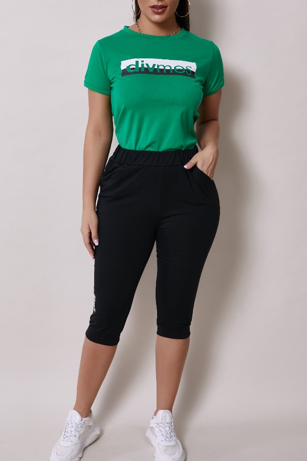 

Lovely Leisure Letter Print Green Two-piece Pants Set