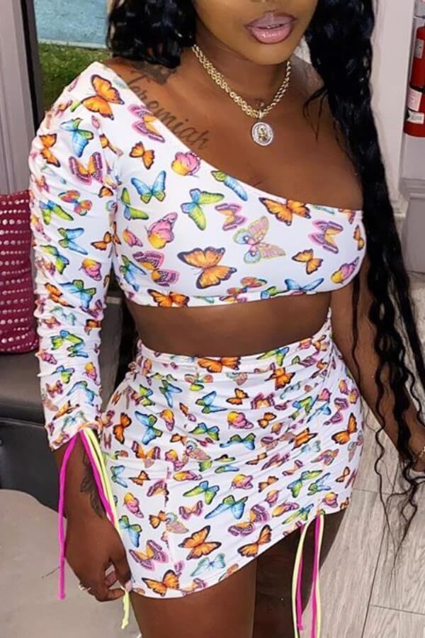 

Lovely Trendy Butterfly Print White Two-piece Skirt Set