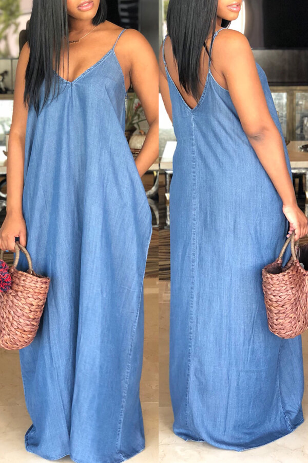 LW Plus Size Casual V Neck Loose Blue Dress