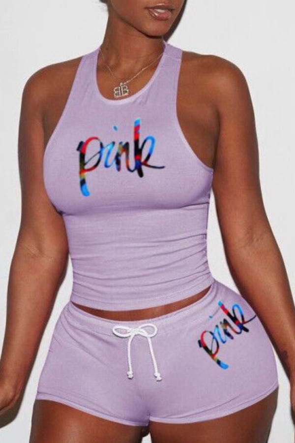 

Lovely Casual Letter Light Purple Plus Size Two-piece Shorts Set