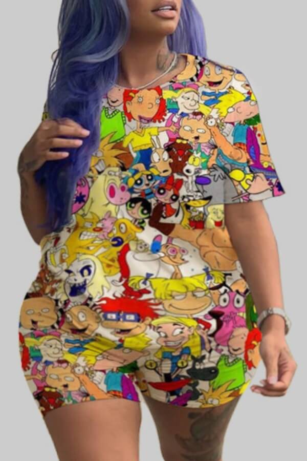 

Lovely Leisure Cartoon Print Yellow Plus Size Two-piece Shorts Set