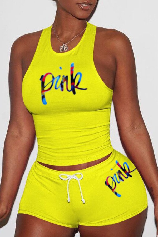 

Lovely Casual Letter Yellow Plus Size Two-piece Shorts Set